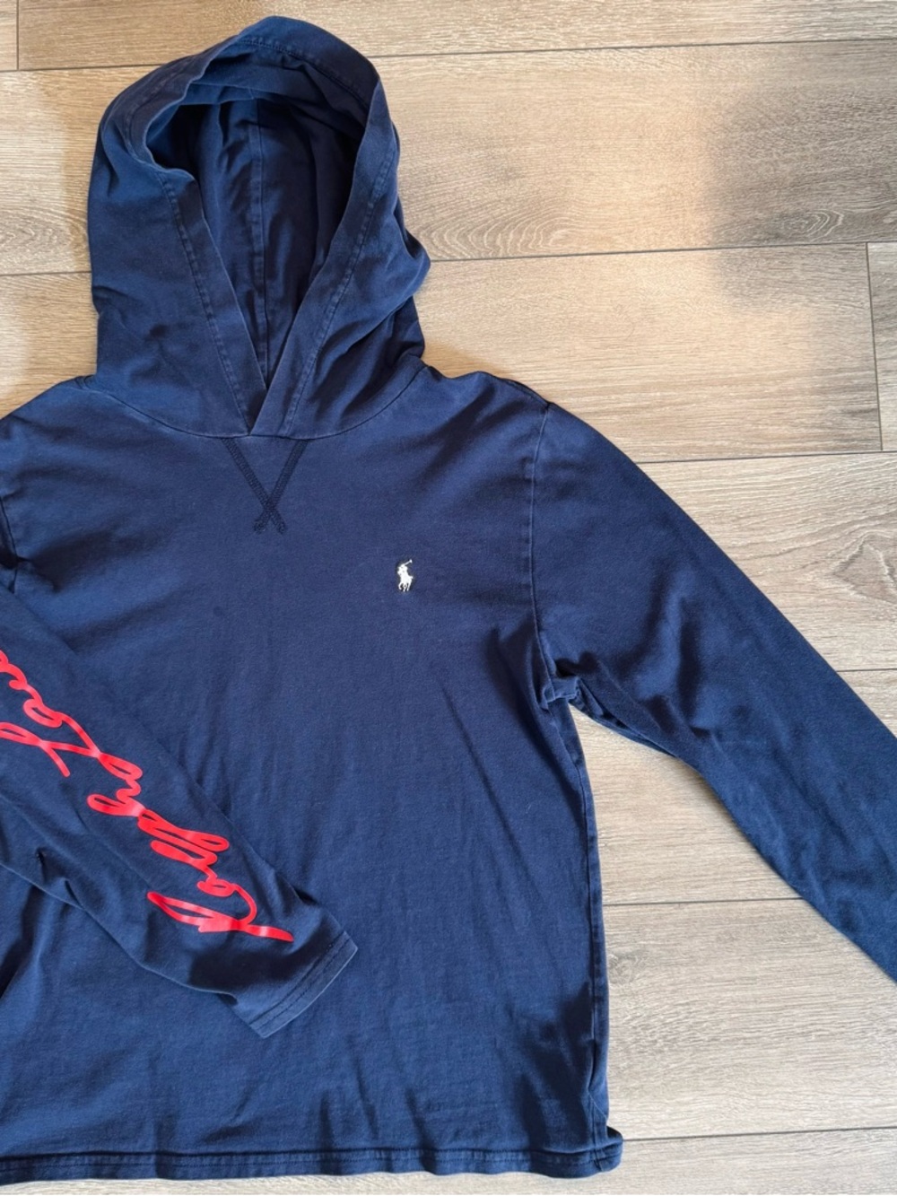 Polo Ralph Lauren Navy Hooded Long Sleeve with Red Script Sleeve-L(14-16)